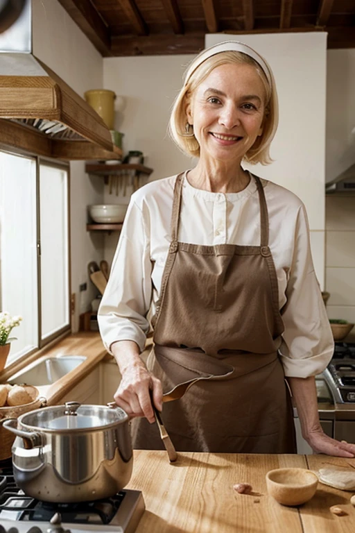 elderly woman, 86 y/o, pale skin, arabic origin, blond hair, smiling. She is cooking i her modest kitchen. wearing casual clothes. it's a hot day. 