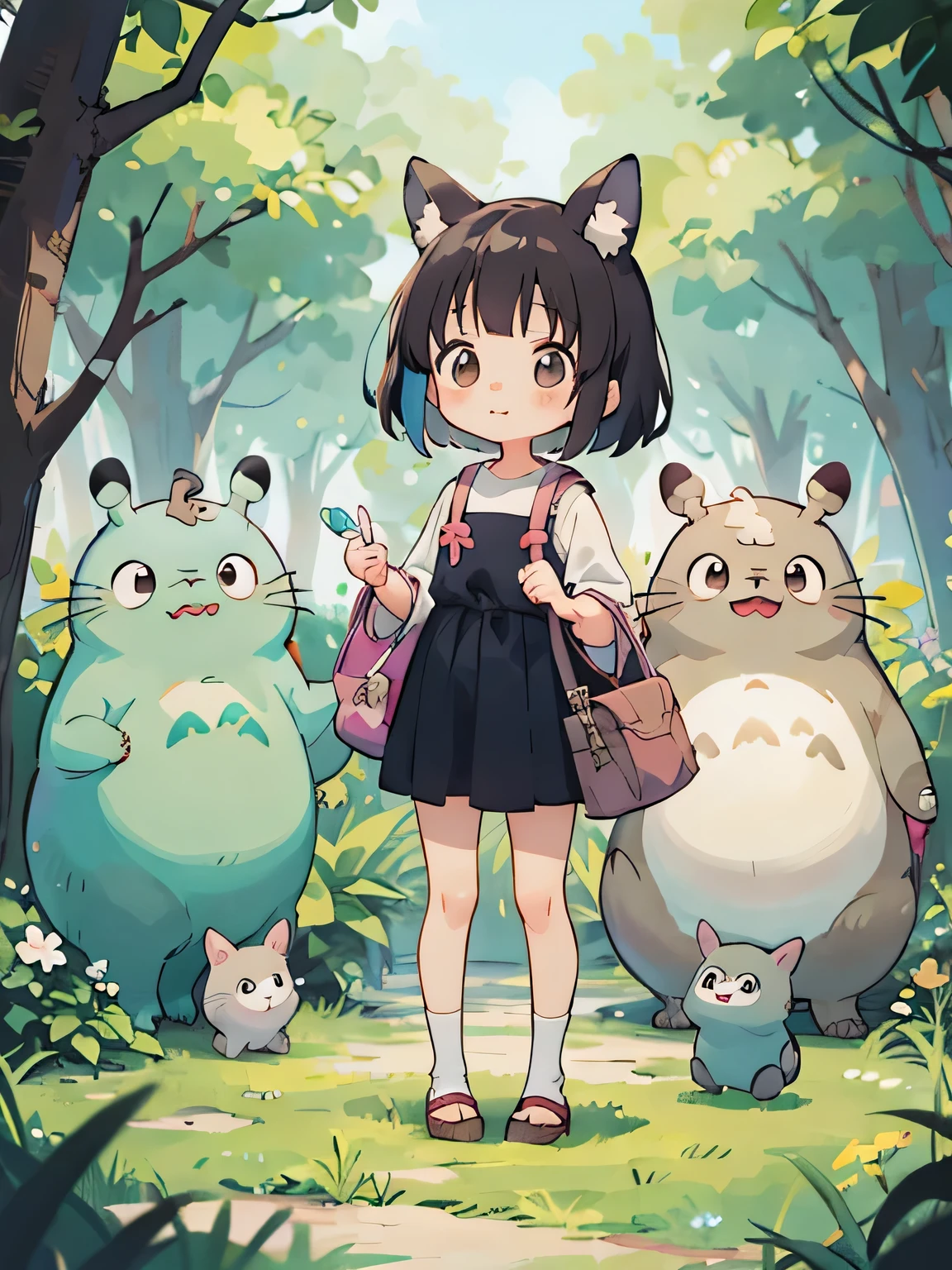 Hayao Miyazaki Style, Kawaii Design, My Neighbor Totoro、most beautiful girl ever、Chibi, Colorful bob hair、((Lots of friends))、Totoro Forest