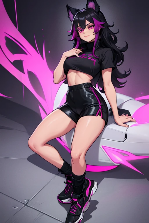 female, black long hair with magenta highlights, silver eyes, black wolf ears, black wolf tail (((1girl))), (((black turtleneck short sleeve t-shirt))), (black pants with magenta trim), (black shoes), (magenta cropped tracksuit jacket), cute and sexy, full body, large breasts, large butt, long legs, smiling