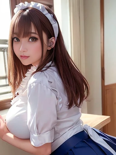 ((masterpiece、highest quality、High resolution、Hmph、Perfect Pixel、8k、Hmph、Hmph)))、1 girl、single、alone、Beautiful woman、I could see the whole body、((Mid-wave hair、bangs、Brown Hair))、((Brown eyes、Beautiful eyelashes、Realistic eyes))、((Detailed face、blush:1.2))、((Smooth texture:0.75、Realistic texture:0.65、Realistic:1.1、Anime CG Style))、Big and ample breasts、Dynamic Angle、Perfect body、((Made in the UK、White ruffled maid headband、Frilled blouse、Ribbon tie、apron、Navy Blue Ilxox、High heels))、Luxury hotel stairs、Angle looking up from the bottom of the stairs、Very embarrassed、Panic Smile、looked back、Leaning forward、((The wind blew up her skirt, exposing her buttocks.....................、Recall、Touch your buttocks with both hands、Silk lace panties、Shiny thighs))、