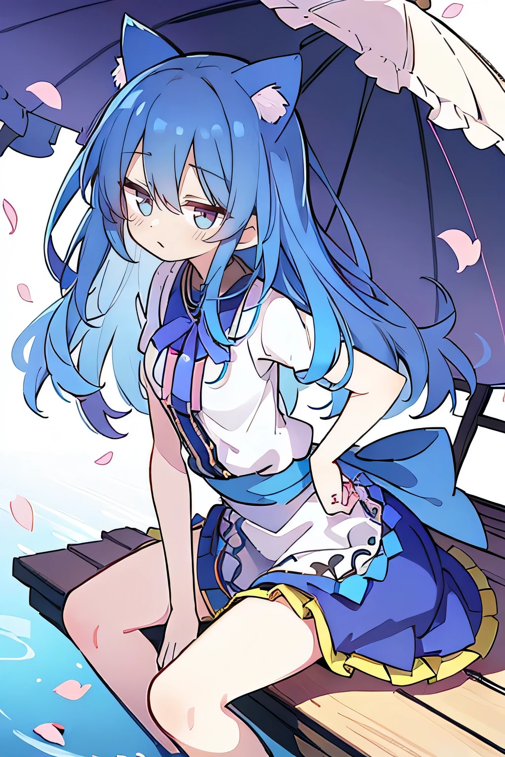 (masterpiece:1.2),ultra-detailed,realistic,expressive eyes,fair-skinned,perfectly shaped face,1girl,
Japanese cartoons,Gorgeous blue hair, flowing blue hair,floating clothes,cat ears,petals falling,beautiful Lola,Hina Angel,
hands on waist,gracefully sitting on the ground,legs crossed,gentle and serene background,cool and comfortable pavilion.