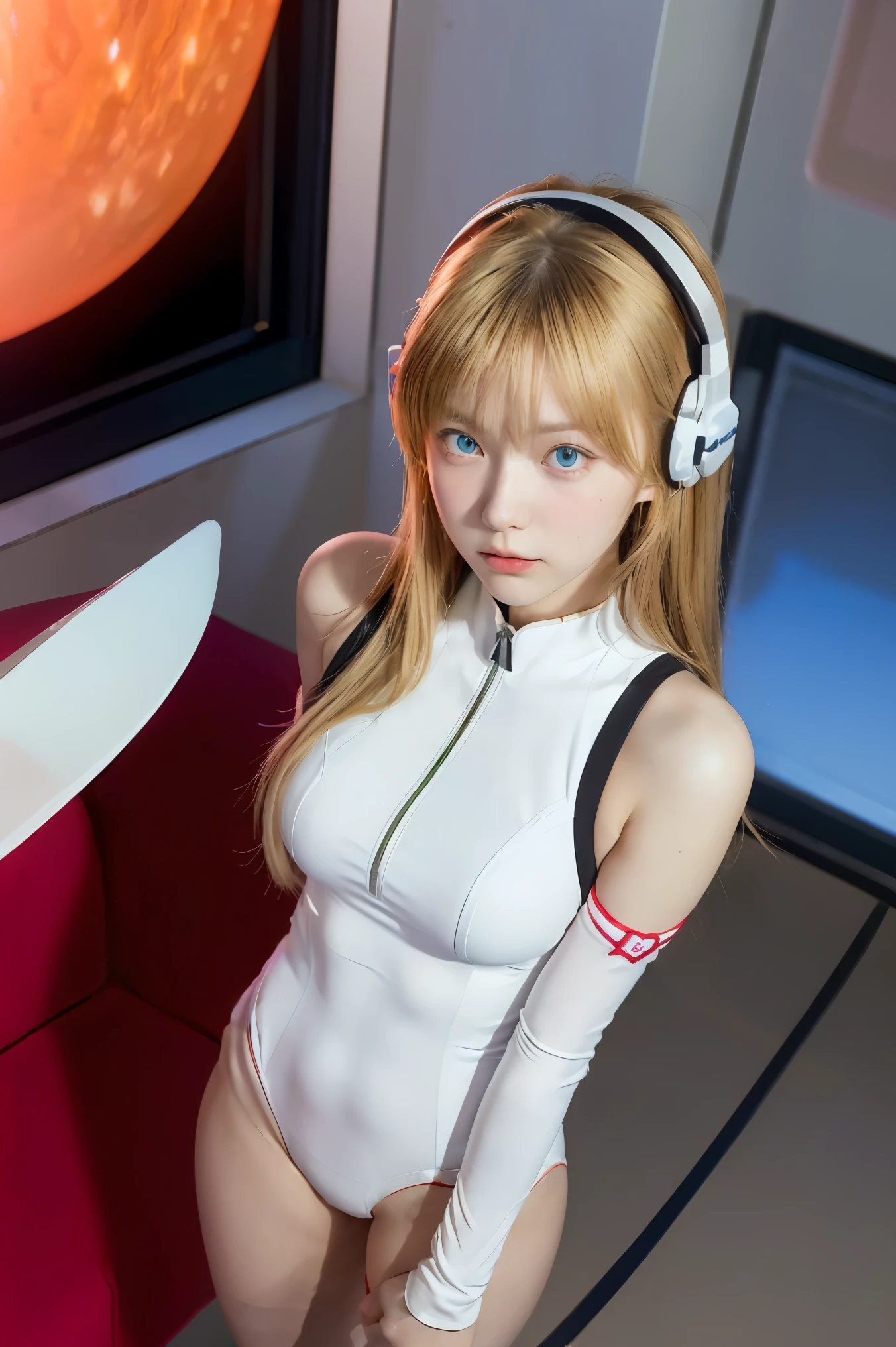 (Overhead view),dynamic angle,ultra-detailed, illustration, close-up, straight on, 1girl, 
 ((souryuu asuka langley, interface headset, red bodysuit:1.4, blonde)),Her eyes shone like dreamy stars,(glowing eyes:1.233),(beautiful and detailed eyes:1.1),(expressionless,closed mouth),(standing), 
(mechanic room with toolsand spaceship windowin a white SPACESHIP),
(night:1.2),dreamy, [[delicate fingers and hands:0.55]::0.85],(detail fingers),