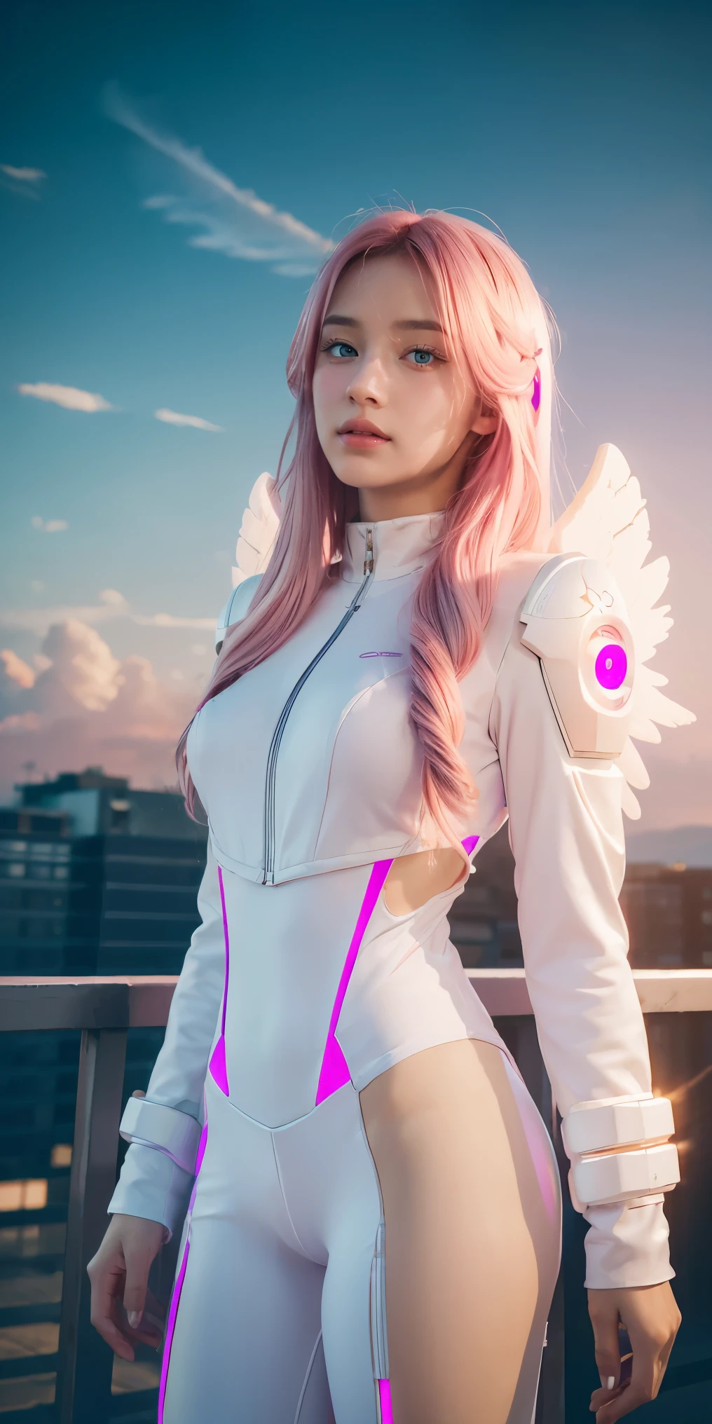 ((masterpiece, best quality, extremely detailed), volumetric lighting, ambient occlusion, colorful, glowing), 
1girl, solo, young girl, (pink hair), long hair, halo, aura, sacred, godness, cyber suit, (white outfit:1.3), android, bot, angel wings,
outdoors, sunset, sky, clouds, space, (cyberpunk theme:1.2),