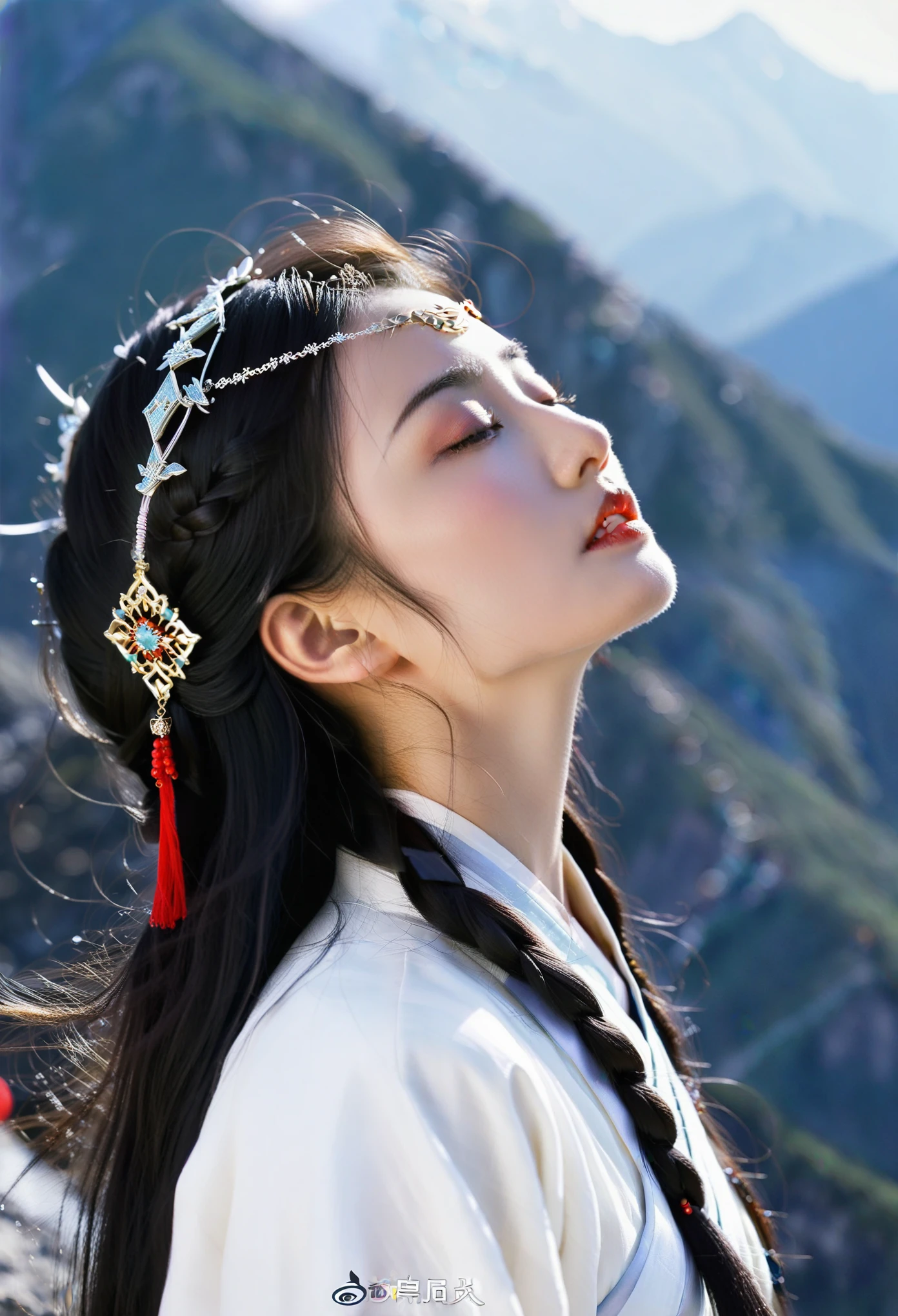 arien photography,chinese art photography,1girl,solo,long hair,black hair,closed eyes,upper body,parted lips,circlet,blurry background,long sleeves,hair ornament,realistic,teeth,watermark,looking up,blurry,from side,outdoors,mountain,lips,tiara,braid,chinese clothes,web address,