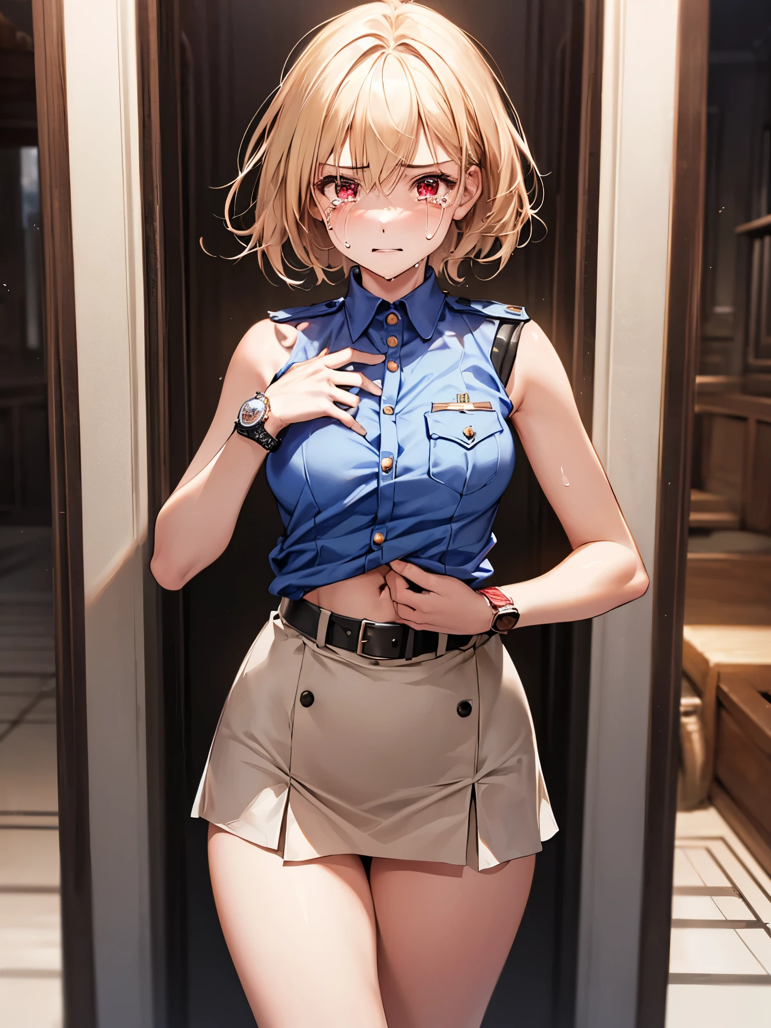 ((((one person)))),(((Perfect Anatomy, Very detailedな肌))), (((1 girl))), Japanese, Police Girl, Shiny skin, Small breasts:0.5, Are crying,(((Tears flowing))),avert your eyes, Beautiful Hair, Beautiful Face, Beautiful fine details, (Short Hair:1.5,), Blonde, bangs, Hair between the eyes, Red eyes, Beautiful clavicle, Beautiful body, Beautiful breasts, Beautiful thighs, Beautiful feet, *********, Mole under the eye, ((naked,Policewoman uniform, Light blue sleeveless shirt, Ultra mini skirt), belt, ((Precision Watches)), Navel exposed,Captivating thighs , 8k, highest quality, Masterpiece​:1.2, Very detailed), (Realistic, photoRealistic:1.2), Beautiful illustrations, Cinema Lighting,Dark corridor,Wooden wall,(((front))),(((Are standing))),Cowboy Shot, Wide angle