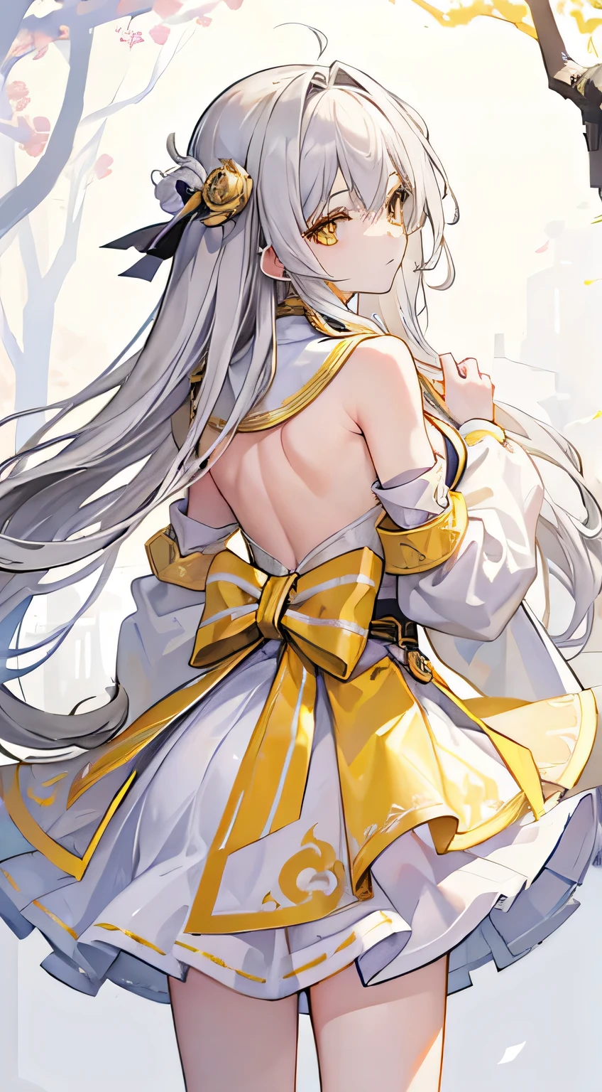high quality, masterpiece, Very detailed,Long Hair, beautiful girl,Gray Hair,Yellow Eyes,chest,Shoulder Bare,Sacred Gold and White Garments,Short skirt,View you,Back view,Leaning forward