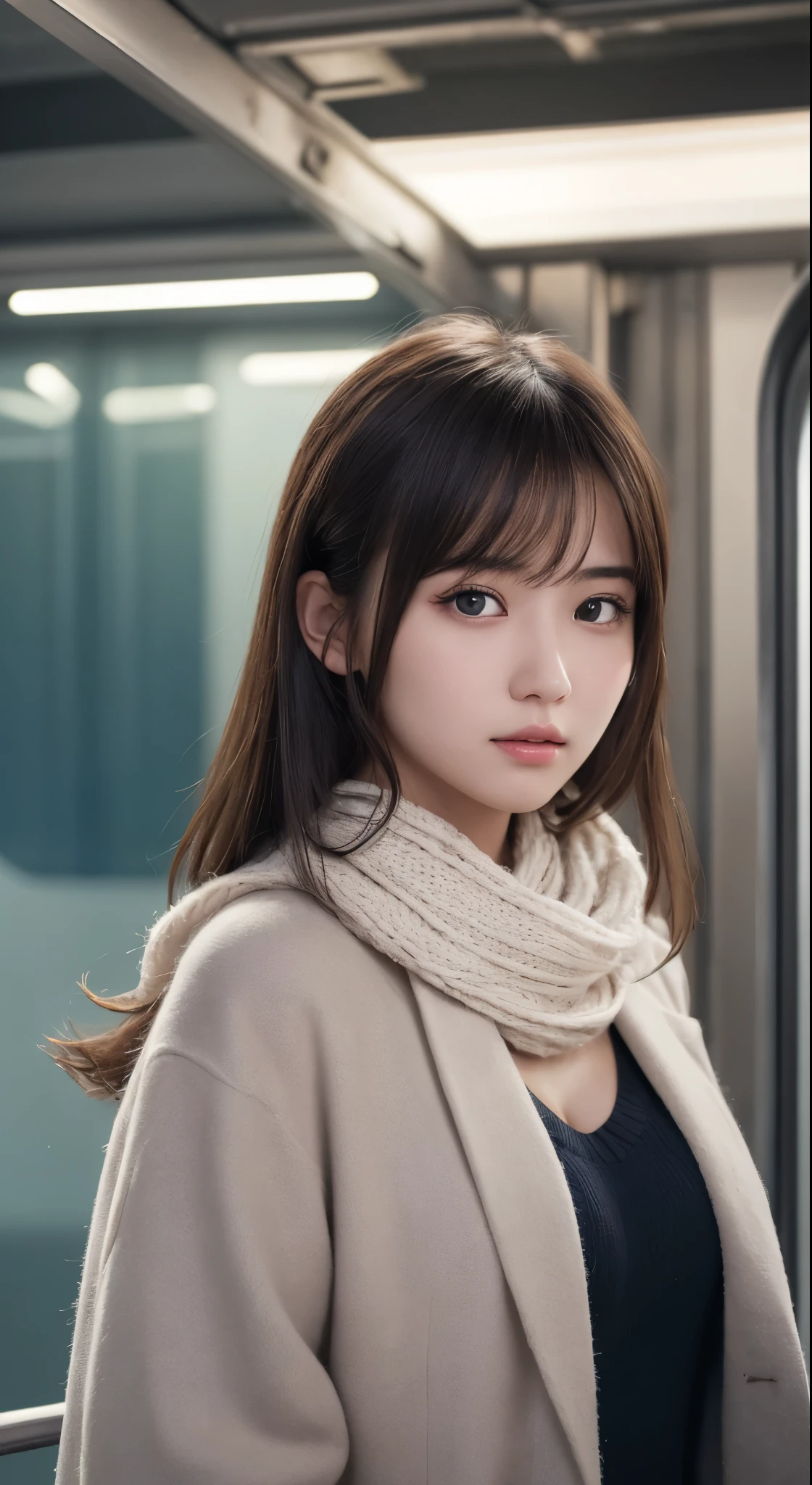 masterpiece, 最high quality, One Girl, (beautiful girl, Delicate girl:1.3), (:1.3), Extremely fine resolution, (Symmetrical eyes:1.3), (Inside the train), (knit, scarf, Long coat:1.3), Small breasts, Brown eyes, Parted bangs, Brown Hair, , (Eye and facial details:1.1) , (1 nogizaka girl,teenager,RAWtos,Photorealistic:1.5),(最high quality, high quality,High resolution, 最high quality,ultra High resolutionolution,High resolutionolution,High resolution,超High resolution,Large file size,8k,2k wallpaper,8k wallpaper,high quality texture,wonderful,Very delicate and beautiful:1.3),One Girl, K-POPアイドル,Beautiful Face,Portraiture,Blurred Background,White skin,青White skin,Beautiful Skin,Black Hair,Iris,Big eyes,Cute eyes,Cleavage,Off the shoulder,(Particles of light, Lens flare, Luminous Particles: 0.7),View your viewers,Bright lighting,Professional Lighting