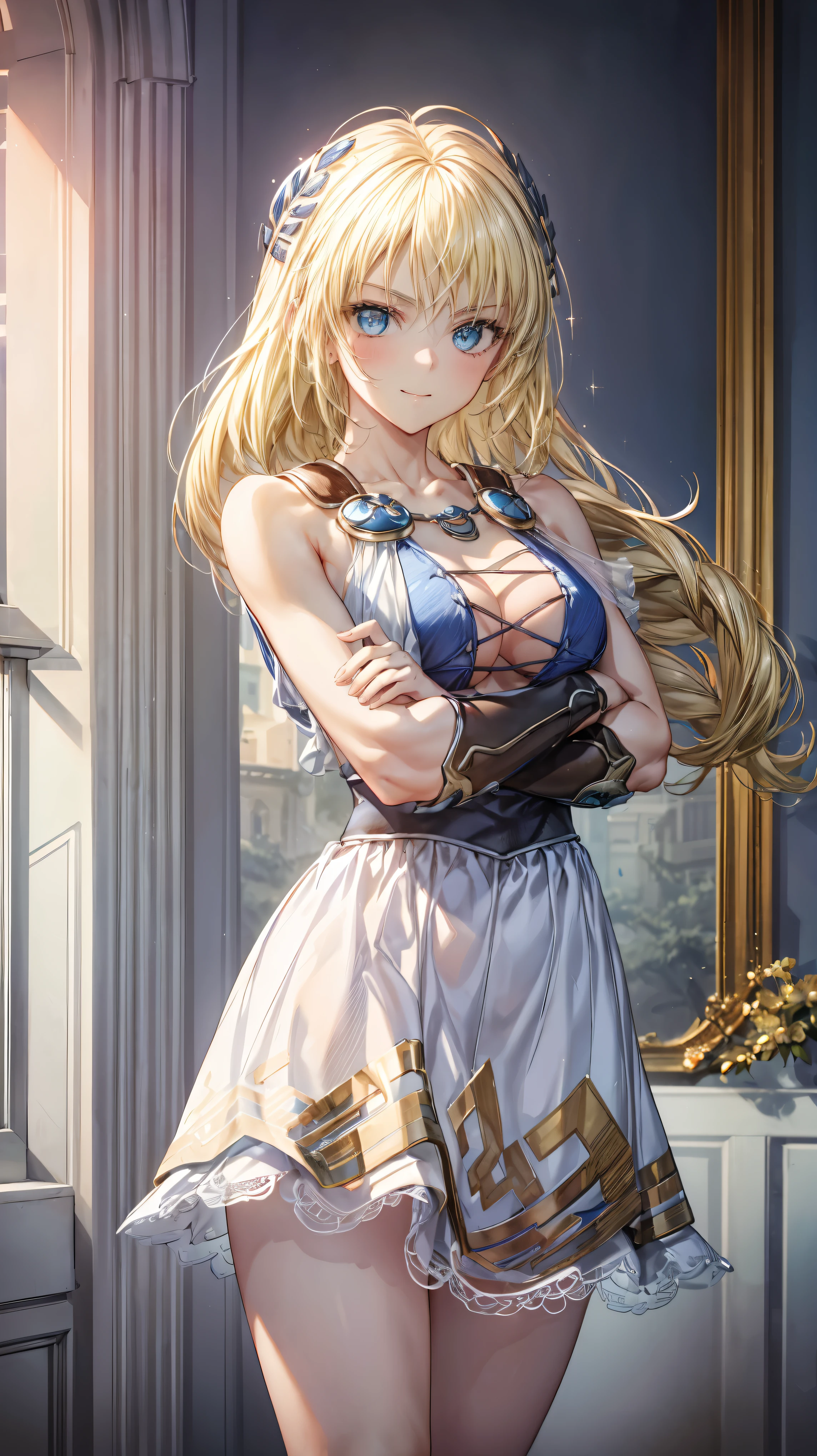Very detailed、highest quality、Best image quality、masterpiece、8k、Anime Face、A kind smile、Open your mouth、Sparkling blue eyes、(Blonde:1.5)、(Arms crossed:1.5)、Muscles of the whole body、Sophitia Alexandra