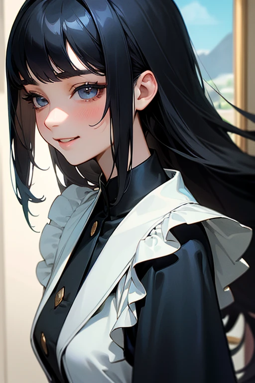 (Highest Resolution, clear_image) highest quality, Single person, One Woman, alone, masterpiece, Very detailed, Semi-realistic, Black Hairのショートヘア, Black Hair, bangs, 18-year-old, mature, light blue uniform, uniform, Indoor Background, kind, Authoritative, powerful, exquisite features, exquisite features、Eyelashes become longer、Showing teeth、smile😀、Maid clothes、Touching hair、
