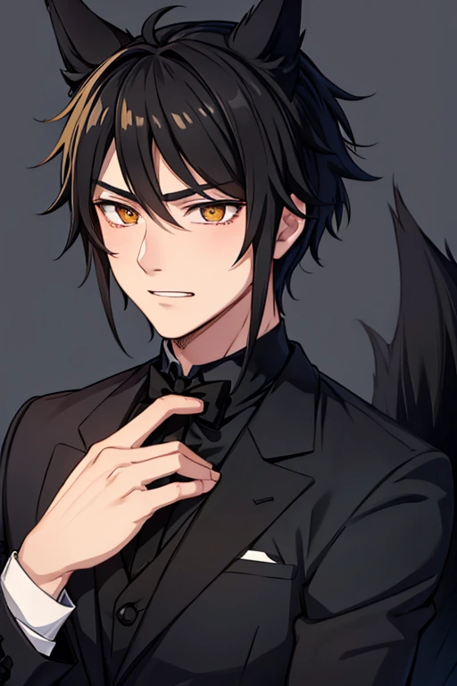 A black haired male student with golden eyes and black fox ears and a black fox tail in a Victorian suit is looking flustered while doing a spell