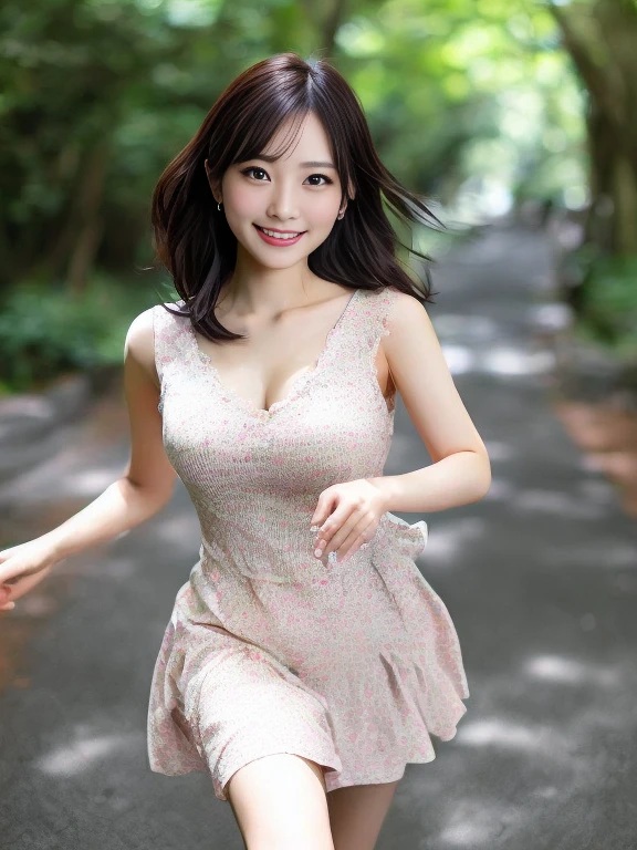 Realistic photo quality、A fifty-year-old Japanese woman wearing a white dress running along a path, sheer dresini skirt、Gorgeous Young Japanese Woman, Beautiful young Japanese woman,  Smile, looking at the camera、Realistic young gravure idol, Cute young woman, Slim girl model photo, Beautiful girl model、In a dress、Cleavage、Graceful smile pose、looking at the camera、Running along a forest path