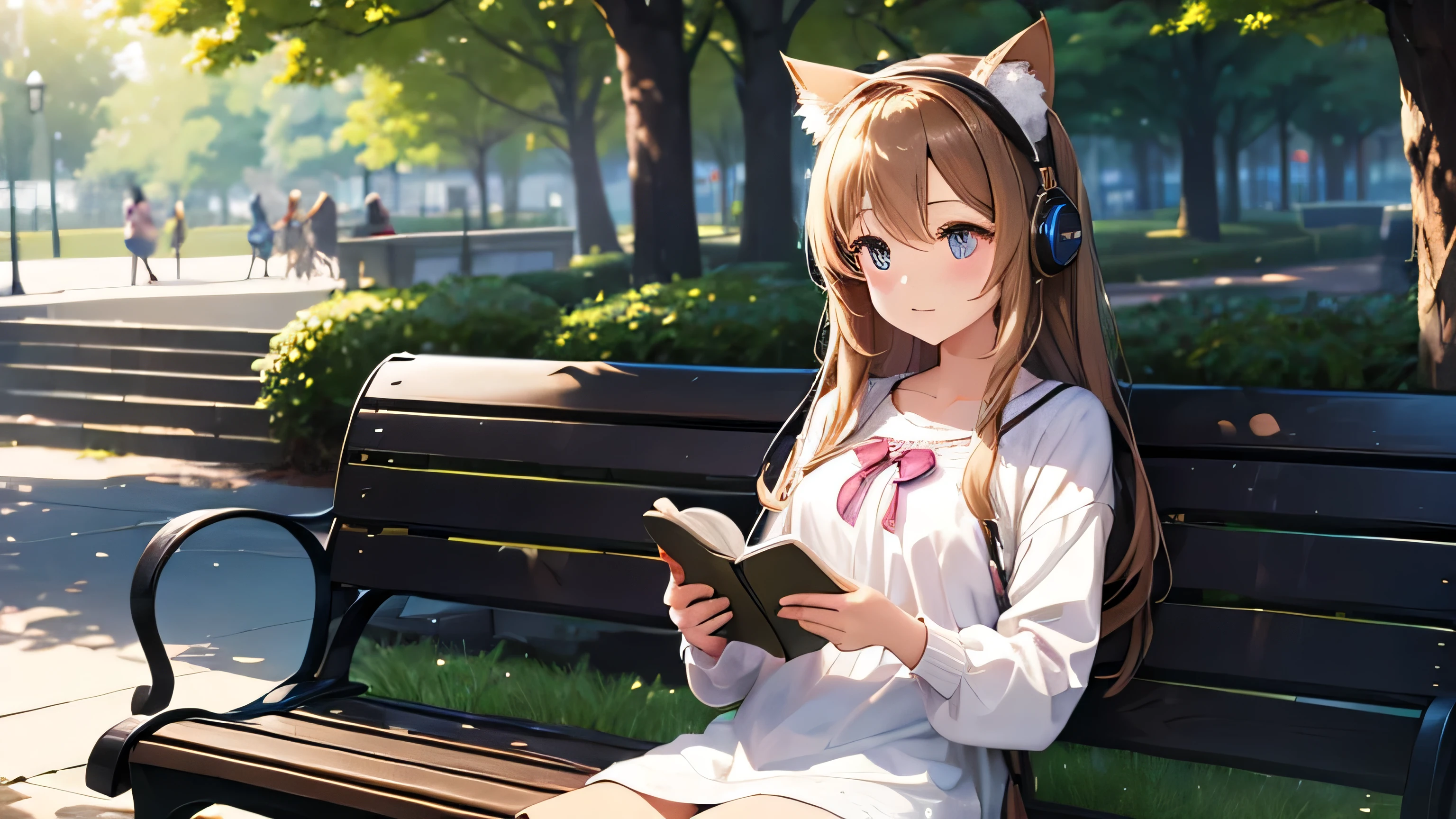 A beautiful girl with cat ears and headphones reading a book on a park bench、Sunlight shining through the trees、Cute clothes、
