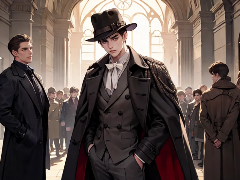 masterpiece, best quality, realistic, 1man,  male, quiet and charming young man, 25 years old, close his eyes, serious look, extremely detailed face, ((dark grey eyes)), ((short-right-swept dark brown hair)), [thick eyebrows], detective, ((Dressed in a classic overcoat and fedora hat)), cinematic lighting, looking at the audience, posture dynamics, Victorian era
