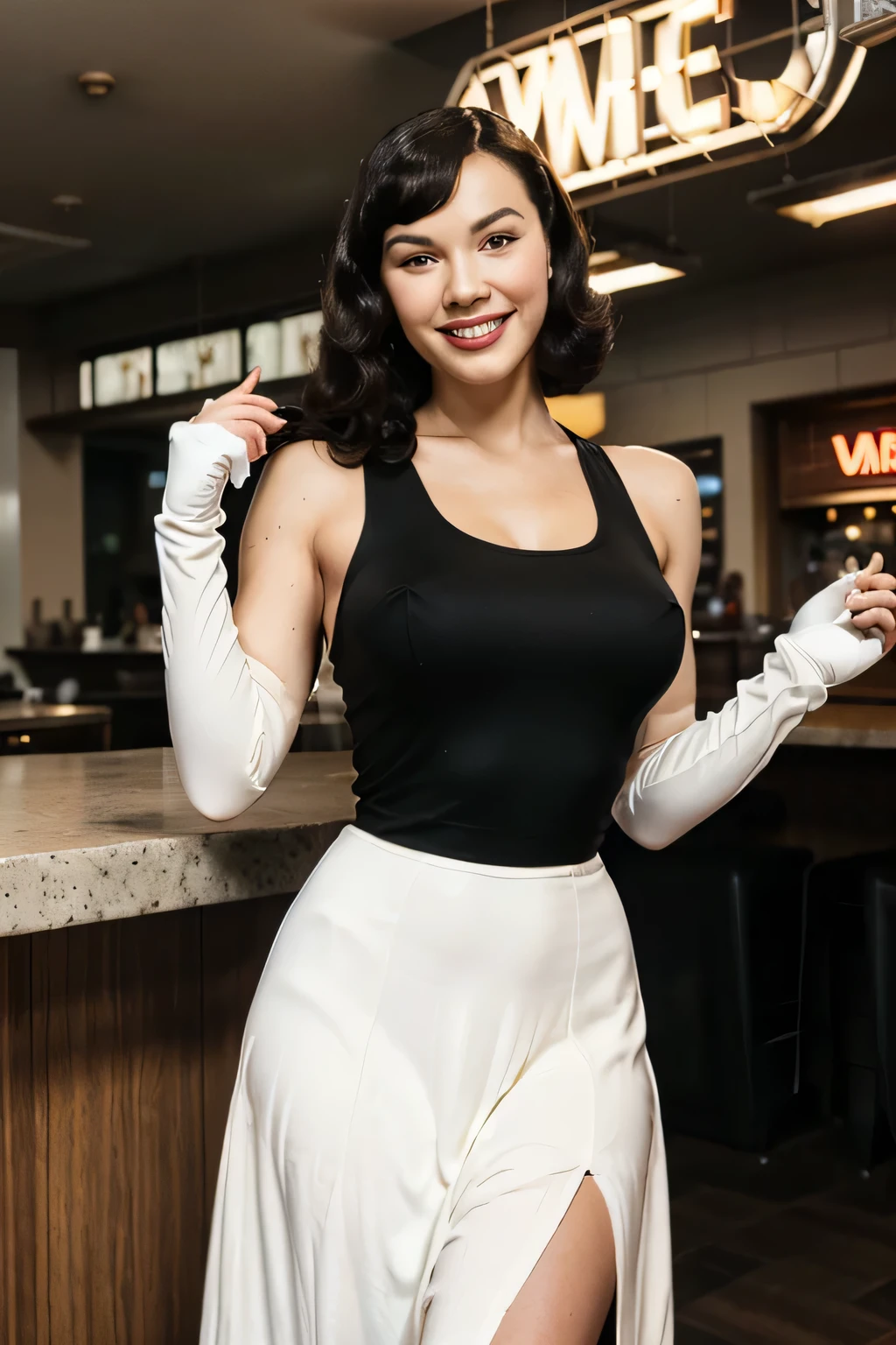 30 years smiling sweaty old bettie page, makeup, olive skin, curly black hair (middle lenght), posing in with class in coffee shop ,open legs, showing me her boots,daylight seductive smile, flirting with the camera,longest ever white leather wool coat , white wool sweater, high white boots,  white Long maxi-skirt (black long maxi-skirt:1.2)), ((5 fingers white cloth gloves)),  ultra realistic, art conceptuel, elegant, Very detailed, complexe, sharp Focus, depth oF Field, F/1. 8, 85mm, (((proFessionally color graded))), bright soFt diFFused light, (volumetric Fog), tendance sur Instagram, hdr 4k, 8K
