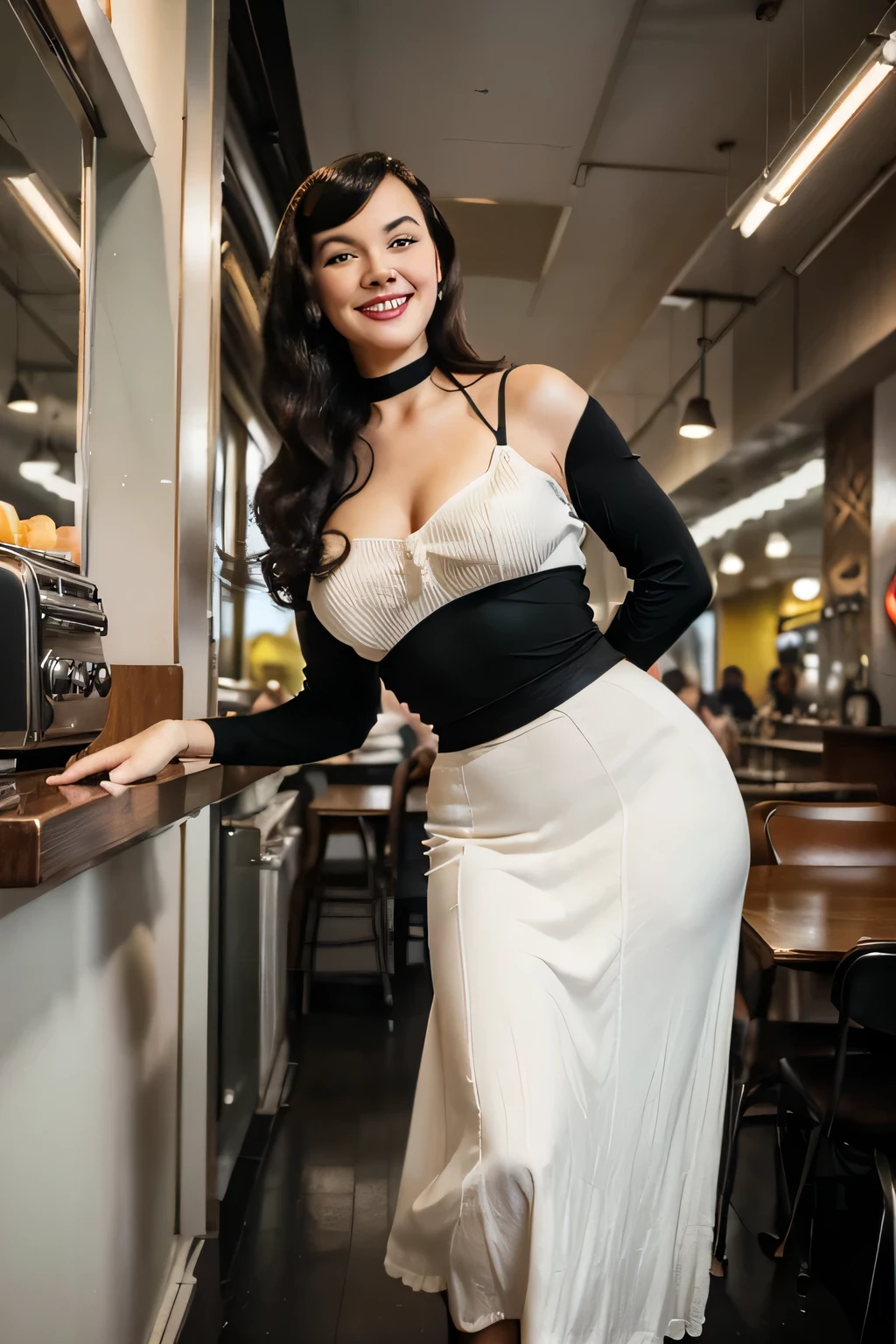 masterpiece photo, ((retro vintage)), photography, ((1940s vibe)), year 1930, 40 years old Bettie page, vintage white sleeveless dress, white gloves, long sleeves, wavy hair, black long maxi-skirt(black long maxi-skirt:1.2),hd, color image, short hair, winter, brunette, smile, in a fast food,