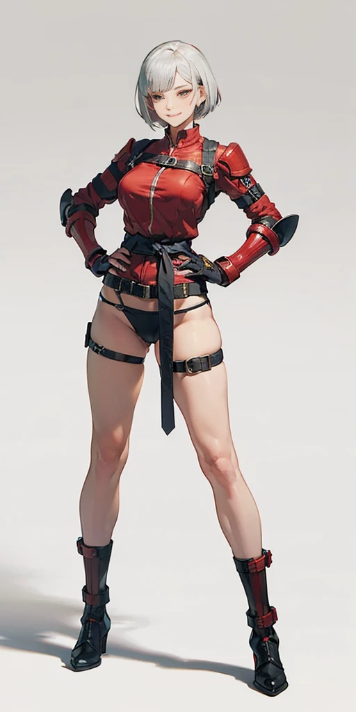 (Plain background 1:2) (Cammy White Street Fighter with white silver short bob haircut) Female full body standing straight symmetrical feet together with strong tights, huge belt around waist line and hips (choker, bracers, handcuffs, shackles, rerebrace, high boots with bootstraps, faulds, poleyn, gloves gauntlets), lustful smirking smile face red blushed red cheeks, (hands (clenching) on hips)