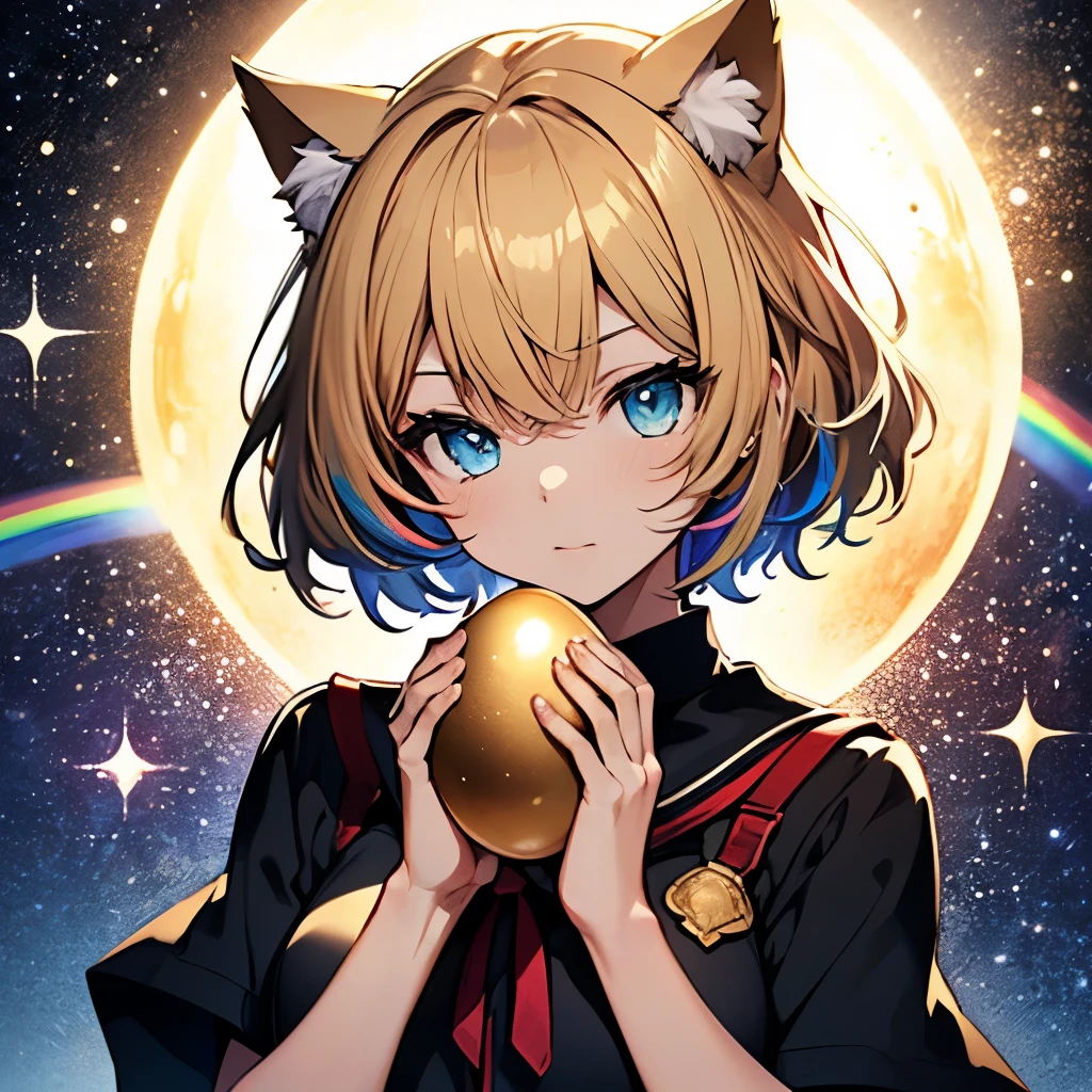 High resolution,(rainbow in the starry sky:1.2), (A girl holds a golden egg with both hands),detailed black sailor uniform, detailed wide open blue eyes, beautiful short gold hair, Cat ear
