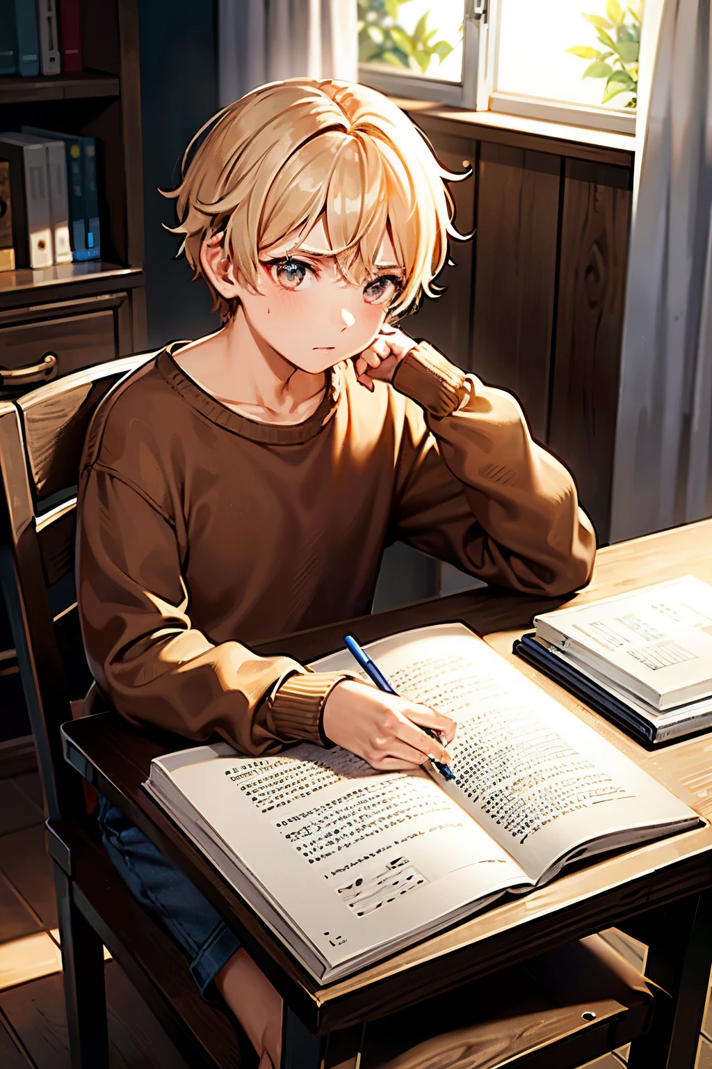A boy with sparkling brown eyes and short, messy, ar 1.78:1 sandy blonde hair, wearing a well-fitted red sweatshirt and blue jeans, is sitting on a wooden stool in a dimly lit room. He's holding a sketchbook in his hands, intently focusing on drawing a detailed landscape, with a pencil gently tucked behind his ear. Sunlight filters in through a small window, casting warm, golden rays on his face. The room is quiet, save for the sound of the pencil scribbling on the paper and the occasional page flip. The boy's expression is serious and determined, his brow furrowed in concentration. He's alone