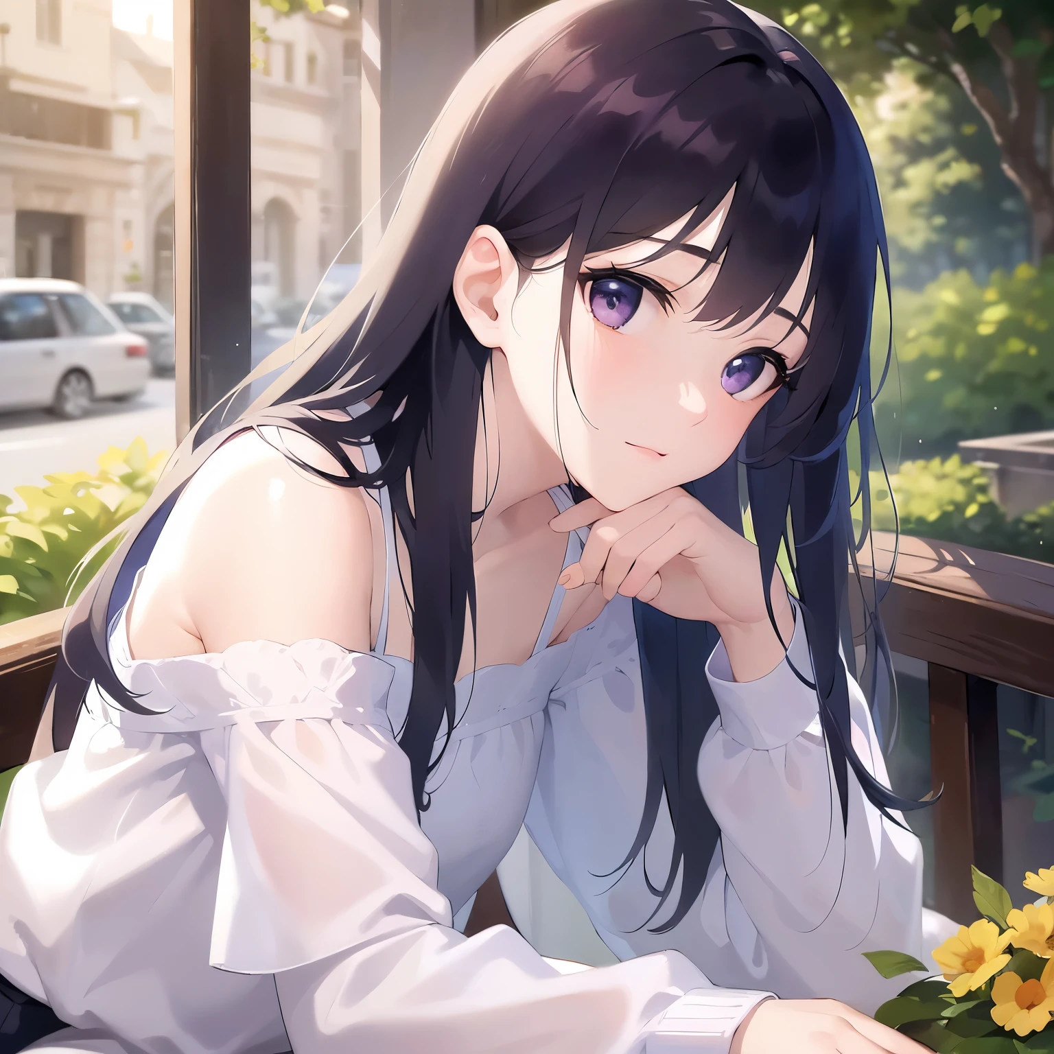 girl with her eyes down in embarrassment in open-air cafe, looking away, blushing, face turning red, Upper Body, Realistic, real person, (pale skin: 1.2), shiny skin, shiny hair、(A 30-year-old woman with straight hair and bangs) and (medium hair) and (black hair) and (purple eyes) , (white:1.5) and (off shoulder blouse) and (long sleeve)、