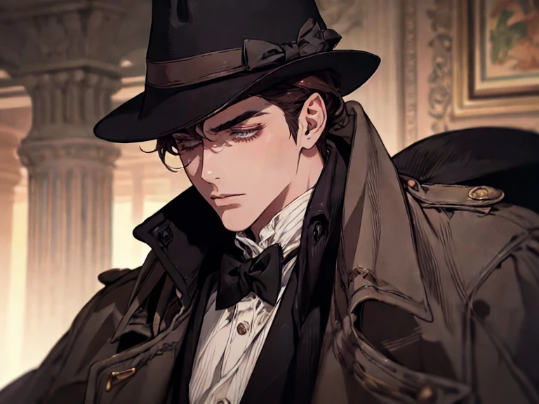 masterpiece, best quality, realistic, 1man, mature male, quiet and charming young man, 25 years old, close his eyes, serious look, extremely detailed face, ((dark grey eyes)), ((short-right-swept dark brown hair)), [thick eyebrows], detective, ((Dressed in a classic overcoat and fedora hat)), cinematic lighting, looking at the audience, posture dynamics, Victorian era