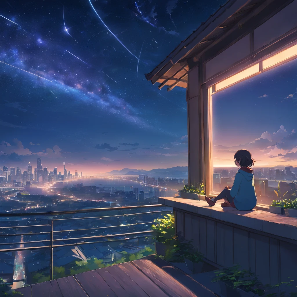 Octane, null, star (null), landscape, starry null, night, only , night null, alone, Outdoor, sign, building, cloud, milky way, Sitting, wood, Long Hair, city, silhouette, cityscape