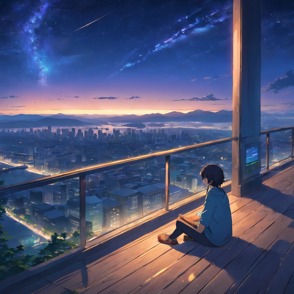 Octane, null, star (null), landscape, starry null, night, only , night null, alone, Outdoor, sign, building, cloud, milky way, Sitting, wood, Long Hair, city, silhouette, cityscape