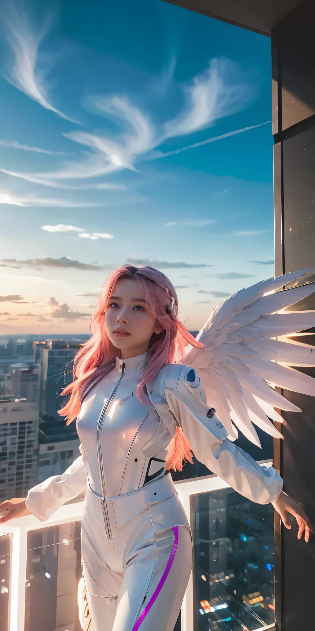 ((masterpiece, best quality, extremely detailed), volumetric lighting, ambient occlusion, colorful, glowing), 
1girl, solo, young girl, (pink hair), long hair, halo, aura, sacred, godness, cyber suit, (white outfit:1.3), android, bot, angel wings,
outdoors, sunset, sky, clouds, space, (cyberpunk theme:1.2),