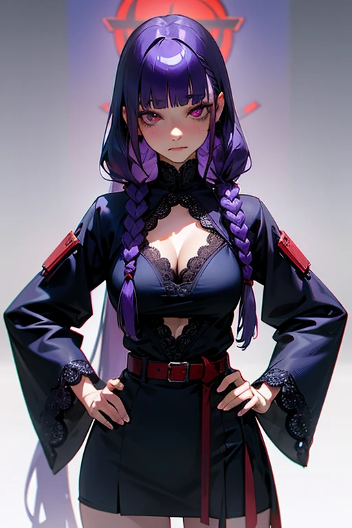 1 girl, Blunt bangs, Braiding, Wide sleeves, hair ornaments, Navy Blue Lace、Red Belt, (Purple Hair:1.2), Very long hair, Straight hair, Looking at the audience, Highly detailed background, (Realistic:1.2), Beautiful Eyes, Red eyeshadow, Written boundary depth,thigh, (Ulzzang-6500:0.7), Upper Body, (alone:1.2), (Cyberpunk City:1.1), Cleavage, Hands on hips、Shiny skin、Hair blowing in the wind、flower、Sad expression、Sharp eyes、Eye Cleansing Night、