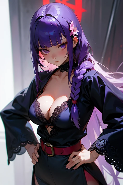 1 girl, Blunt bangs, Braiding, Wide sleeves, hair ornaments, Navy Blue Lace、Red Belt, (Purple Hair:1.2), Very long hair, Straight hair, Looking at the audience, Highly detailed background, (Realistic:1.2), Beautiful Eyes, Red eyeshadow, Written boundary depth，thigh, (Ulzzang-6500:0.7), Upper Body, (alone:1.2), (Cyberpunk City:1.1), Cleavage, Hands on hips、Shiny skin、Hair blowing in the wind、flower、Sad expression、Sharp eyes、Eye Cleansing Night、