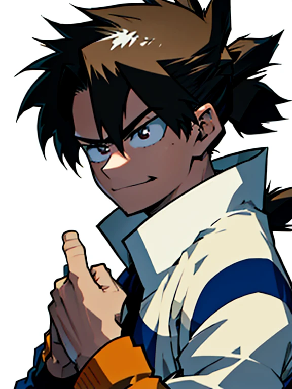 (Illustration, 8k resolution, best quality, masterpiece, minimalist, simplistic detail, whie background, anime) solo, slick back hair, scar, muscular, teenager, male, shirt, pony tail, smirk, clapping, jacket, brown eyes,