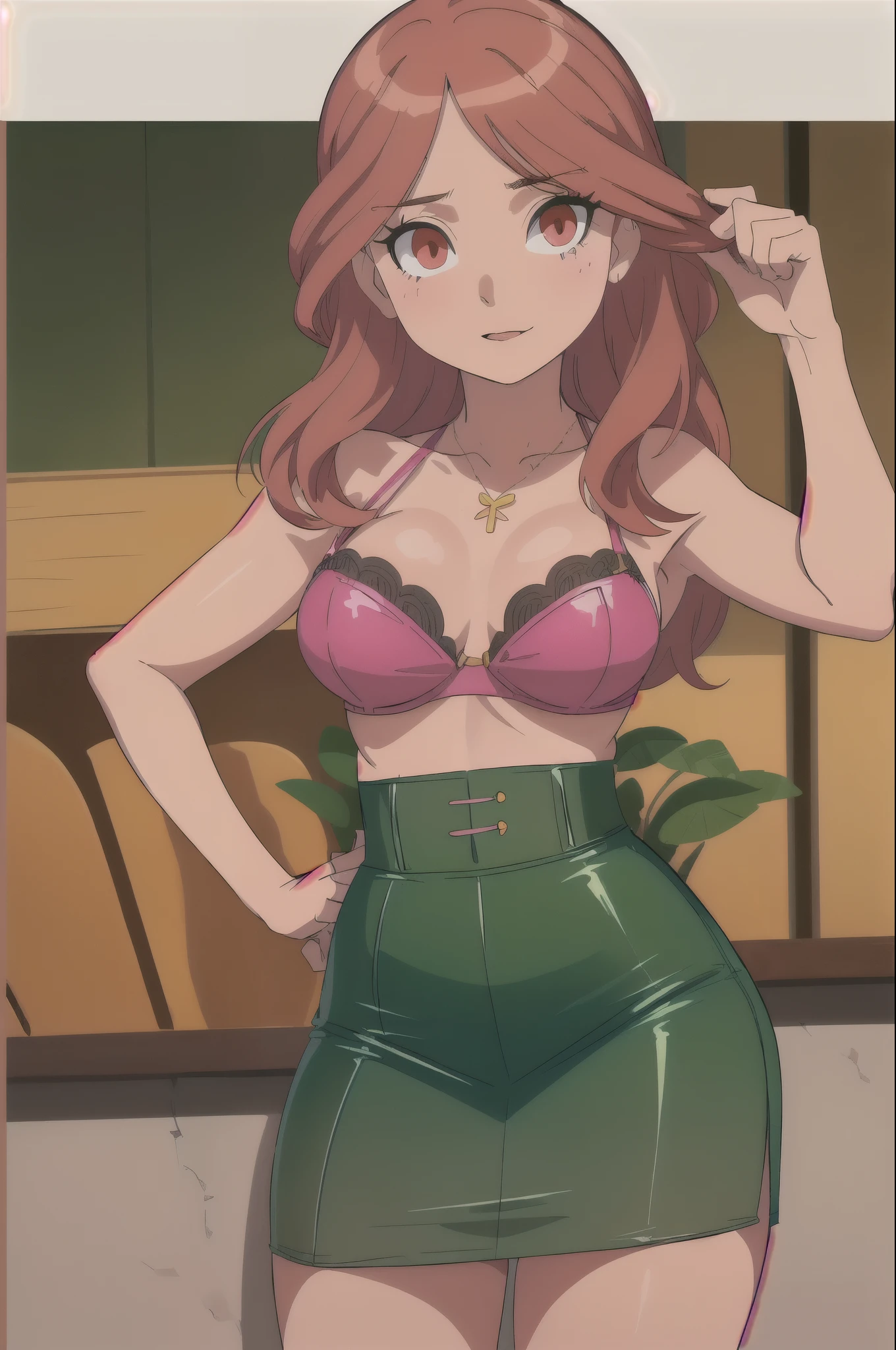 Nelly, pechos grandes, ,
(mejor calidad, Obra maestra, foto cruda,ultra detallado:1.2), 1 chica,solo,mirando al espectador,sonrisa,lleva una falda verde,green latex skirt,lleva un sujetador rosa,pink bra