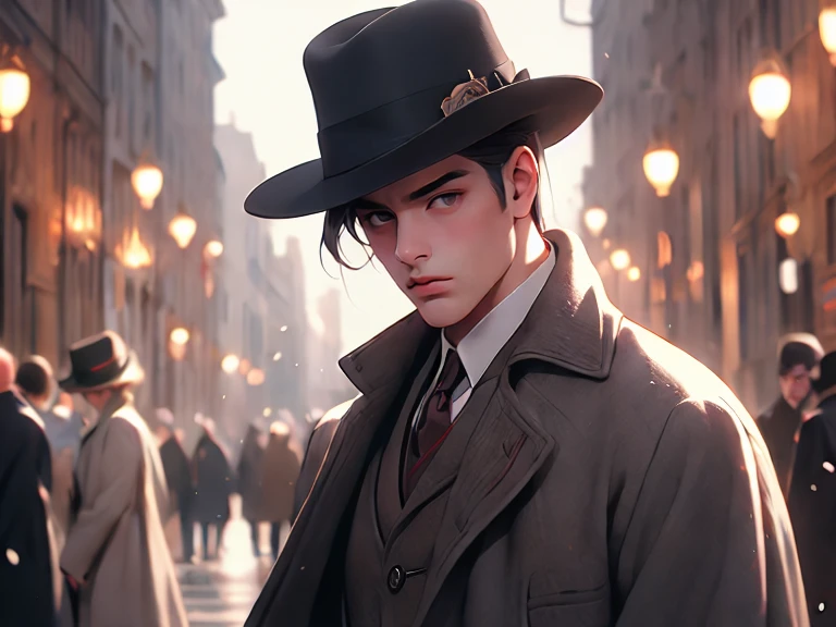 masterpiece, best quality, realistic, 1man, mature male, quiet and charming young man, 25 years old, close his eyes, serious look, extremely detailed face, ((dark grey eyes)), ((short-right-swept dark brown hair)), [thick eyebrows], detective, ((Dressed in a classic overcoat and fedora hat)), cinematic lighting, looking at the audience, posture dynamics, Victorian era