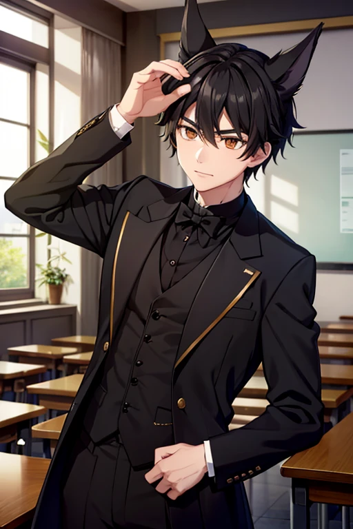 A black haired male student with golden eyes and black fox ears and a black fox tail in a Victorian suit is practicing magic in front of the classroom