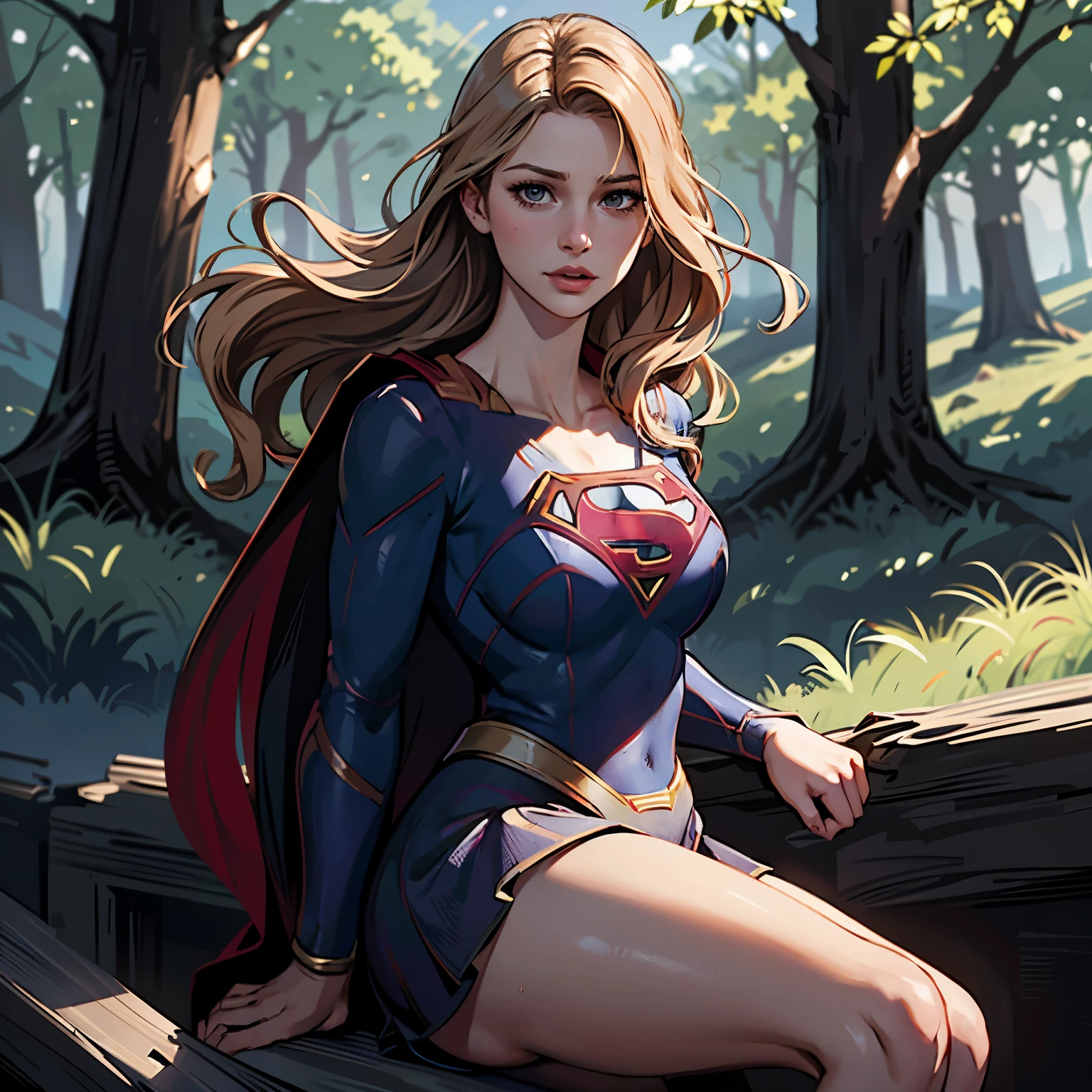 ((highest quality)), ((masterpiece)), (be familiar with), (High definition), (Realistic), (Realistic), (Best Shadow), Low contrast, (Complex:1.4), Side lighting, 8K, ((melissa Benoist)), ((SUPER GIRL)), Perfect Face、Detailed、(Accurate hand and finger depiction)、supergirl women、Blonde、Voluptuous body、((Large Breasts))、Narrow waist、Big Ass、Alluring、glamorous、((Bust Shot))、sweating、On the grass、in the deep forest、blue sky、((Bust up:1.2))