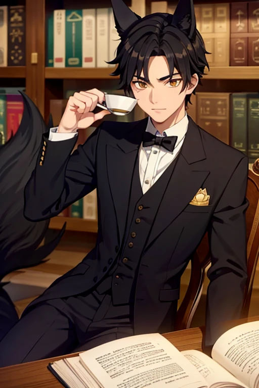 A black haired male student with golden eyes and black fox ears and a black fox tail in a Victorian suit is drinking tea in the library