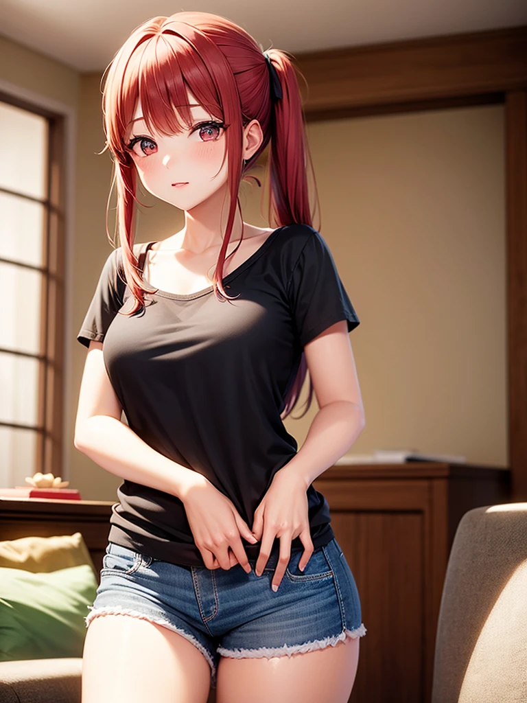 1_girl, solo, ore no imouto ga konna ni kawaii wake ga nai, 25-yers-old girl with crimson red hair- pulled up into twin ponytails, medium breasts, anime T-shirt, shorts, living room background, back turned