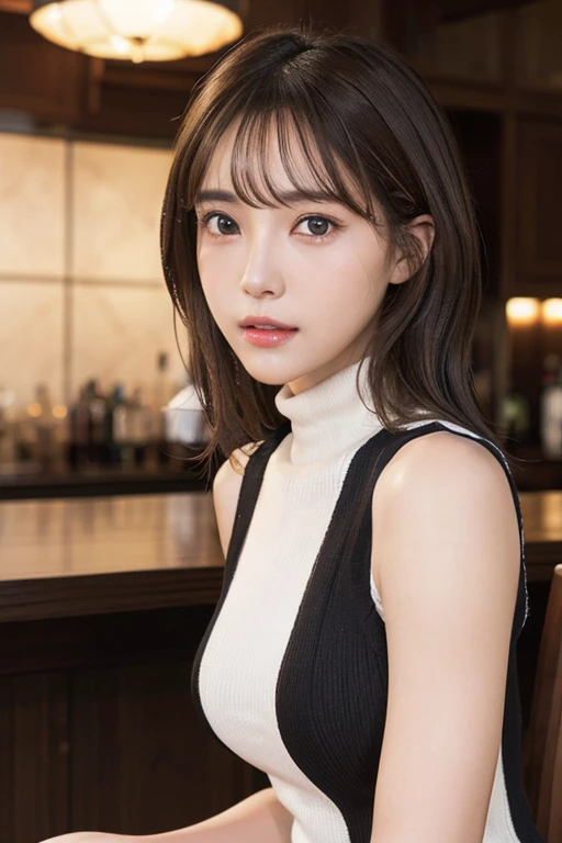 (masterpiece:1.3), high resolution, ultra detailed, extremely detailed CG unity 8k wallpaper, realistic, photo-realistic, RAW photo, beautiful detailed face, pale skin, realistic glistening skin, detailed cloth texture, detailed hair texture, Perfect body, Beautiful Face, accurate, Anatomically correct, Highly detailed face and skin texture, natural neck length, (beautiful hands), fair skin, 
BREAK, 
Detailed eyes, symmetric eyes, Light Brown eyes, Double eyelids, Thin eyebrows, (Sexy Lips:1.3), (Glossy lips:1.4), 
BREAK, 
(Classy and Cute girl:1.3), ((wearing a sleeveless turtle neck white knit dress:1.3)), (firm breast, nicely shaped breasts, slender figure:1.1), firm abs, (Very Seductive face:1.2), (blonde hair, Multicolor inner hair), ((swept bangs:1.2)), 
BREAK, 
(Sitting on bar chair by the counter with Seduction pose in the stylish Bar at night:1.2), (Cowboy shot:1.2), looking sideway at viewer, from side:0.65,