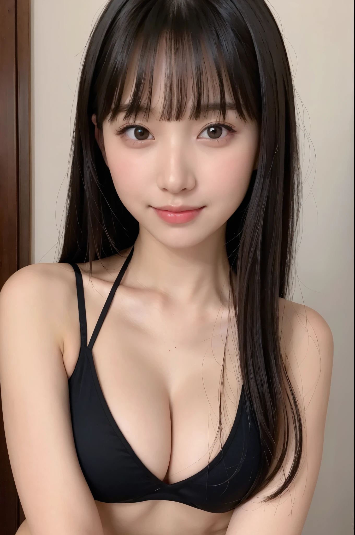 (In 8K, Raw photo, highest quality, Masseter muscle area:1.2), Ultra-detailed, Ultra-high resolution, (Realistic, Realistic photos:1.37), Portrait, High-resolution RAW color photos, Professional photography, hVery detailed and beautiful, Very detailed, 8k wallpaper, Incredibly detailed, Large file size, Official Art, hVery detailed beautiful girl, Very detailed顔, Very detailed目, Very detailed皮膚, Very detailed指, hVery detailed nose, Very detailed詳細な口, Perfect Anatomy, Detailed Background, Detailed clothing, ((1 girl)), 20th Generation, Realistic body, , White skin, Glowing Skin, The body is slim, Black-haired, Beaver, Long Hair, (Blunt bangs: 1.2), Cute face, Delicate eyes,Soft Breasts,Smiling expression