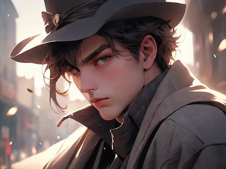 masterpiece, best quality, realistic, 1man, mature male, quiet and charming young man, 25 years old, close his eyes, serious look, extremely detailed face, ((dark grey eyes)), ((short-right-swept dark brown hair)), [thick eyebrows], detective, ((Dressed in a classic overcoat and fedora hat)), cinematic lighting, looking at the audience, posture dynamics, Victorian era