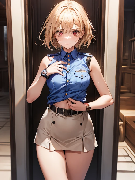 ((((one person)))),(((Perfect Anatomy, Very detailedな肌))), (((1 girl))), Japanese, Police Girl, Shiny skin, Small breasts:0.5, Drunk,(((Being drunk))),avert your eyes, Beautiful Hair, Beautiful Face, Beautiful fine details, (Short Hair:1.5,), Blonde, bangs, Hair between the eyes, Red eyes, Beautiful clavicle, Beautiful body, Beautiful breasts, Beautiful thighs, Beautiful feet, Baby Face, Mole under the eye, ((naked,Policewoman uniform, Light blue sleeveless shirt, Ultra mini skirt), belt, ((Precision Watches)), Navel exposed,Captivating thighs , 8k, highest quality, Masterpiece:1.2, Very detailed), (Realistic, photoRealistic:1.2), Beautiful illustrations, Cinema Lighting,Dark Warehouse,Wooden wall,(((front))),(((Are standing))),Cowboy Shot, Wide angle