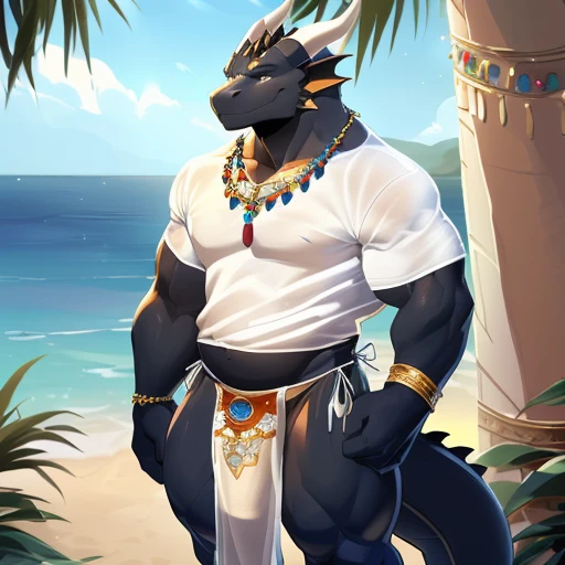hi res,(((dragon))), ((( ))), anthro, , , ((((long loincloth)))), ((((lingerie bikini, s\ex\y bikini, side-tie panties, tiny black thong)))), (((( male, muscular male, anthro, , , )))), male, , anthro, , slim, Skinny, tail, adults, mature, (((male))), (((((((((solo))))))))) outside, plant, standing, sea, tree, (water), detailed background,by milkytiger1145,by takemoto arashi,by null-ghost, cold atmosphere, open smile, soft  blush, , ((((((((wearing white tshirts)))))))), ((((((muscular thighs, thick thighs, )))))), (((((golden accessory, loincloth accessory, loincloth jewelry, jewels and ornaments for loincloth, s\ex\y loincloth, belly dancer outfit, long pelvic curtain, narrow loincloth)))))