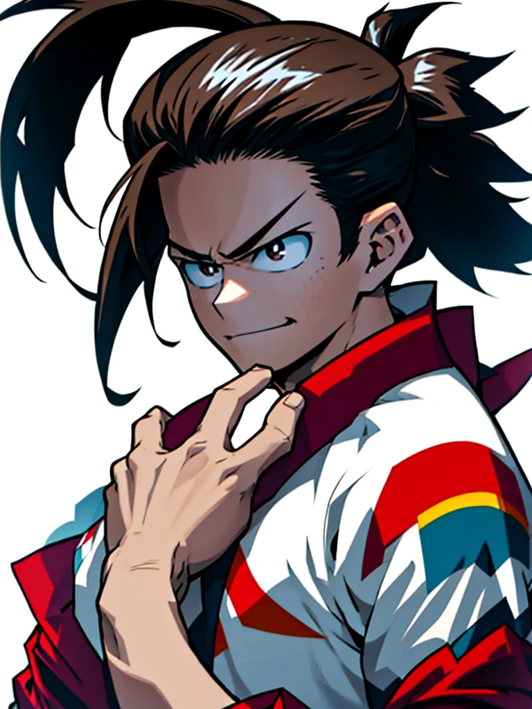 (Illustration, 8k resolution, best quality, masterpiece, minimalist, simplistic detail, whie background, anime) solo: 2, slick back hair, scar, muscular, teenager, male, shirt, pony tail, smirk, clapping, jacket, brown eyes,