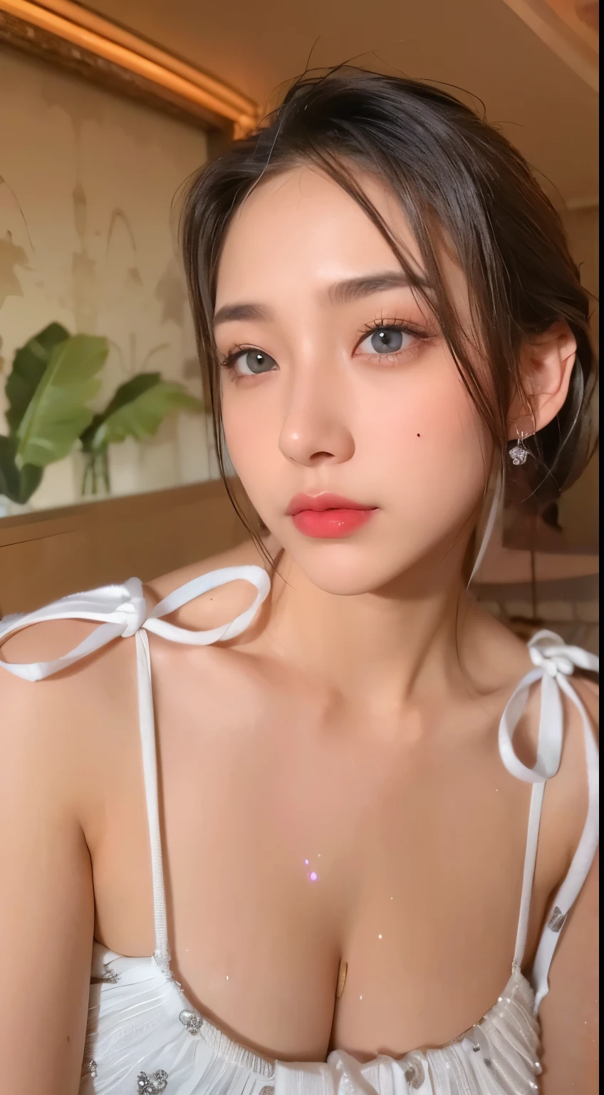 Urban beautiful girl college student, masterpiece, light makeup, red lips, silver hair, messy long hair, street background, beautiful, elegant. super fine details, master works, authentic texture, cinematic lighting realism, perfect job, 16K, hd, exquisite features,blue eyes、japanese idol、Beautiful Face、cute smile、brown hair、beautiful hair、ponytail、glamorous、 big breasts、erect nipples、Oily muscle、shiny skin、tanned skin、Black glowing skin、Wearing a bra top and thong, bright big eyes, smooth skin, earrings, necklace, tattoo