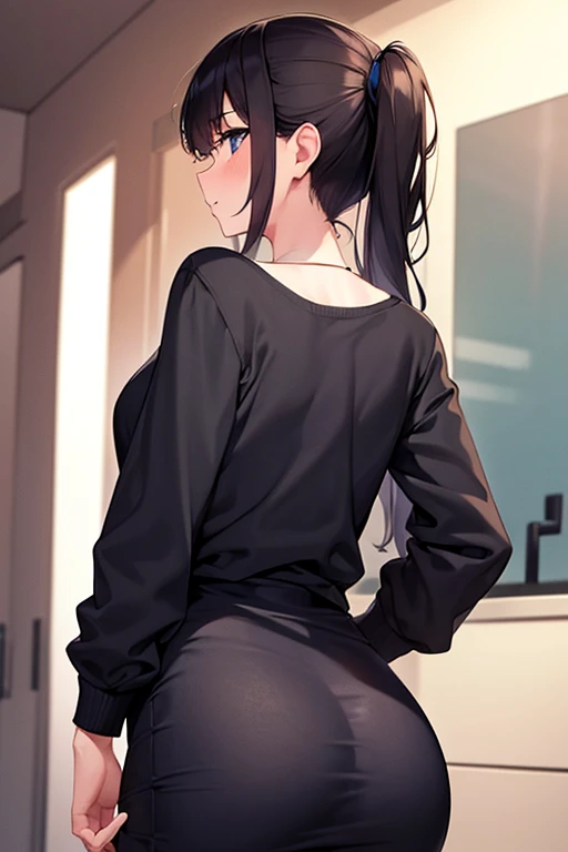 rintohsaka, rin tohsaka kyockcho, aqua eyes, (black hair:1.5), hair ribbon, long hair, ribbon, sidelocks, two side up, (parted bangs:1.5),
BREAK black skirt, black thighhighs, long sleeves, miniskirt, pleated skirt, (red sweater:1.5), skirt, sweater, thighhighs, turtleneck,
BREAK indoors, classroom,school,desk,tables,
BREAK looking at viewer,
BREAK (masterpiece:1.2), best quality, high resolution, unity 8k wallpaper, (illustration:0.8), (beautiful detailed eyes:1.6), extremely detailed face, perfect lighting, extremely detailed CG, (perfect hands, perfect anatomy),standing in classroom,long legs,upskirt,shows underwear,sexy underwear,panties,from behind,back view shot,back view.