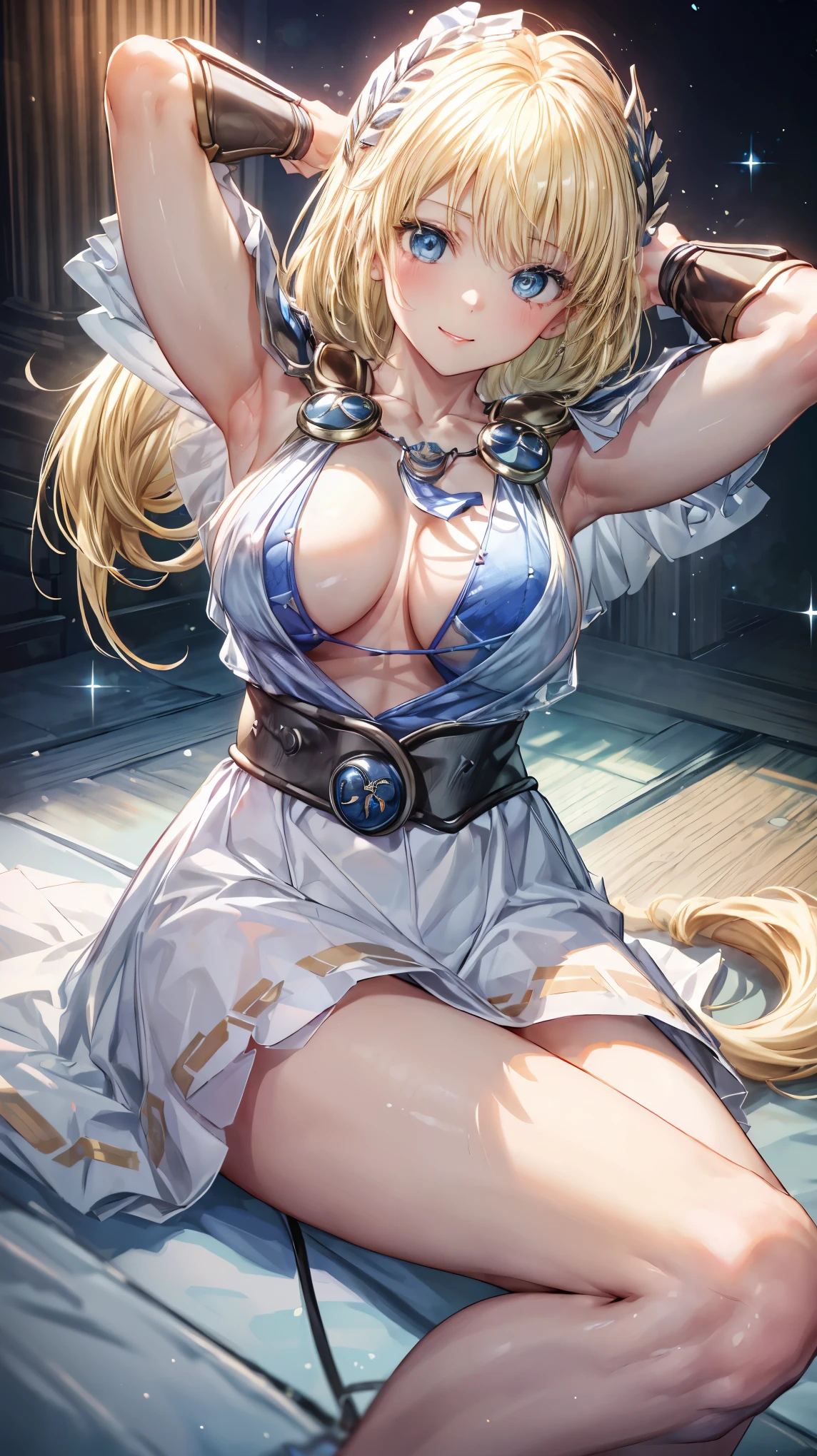 Very detailed、highest quality、Best image quality、masterpiece、8k、Anime Face、A kind smile、Open your mouth、Sparkling blue eyes、(Blonde:1.5)、(Fold your arms above your head:1.5)、Muscles of the whole body、Sophitia Alexandra