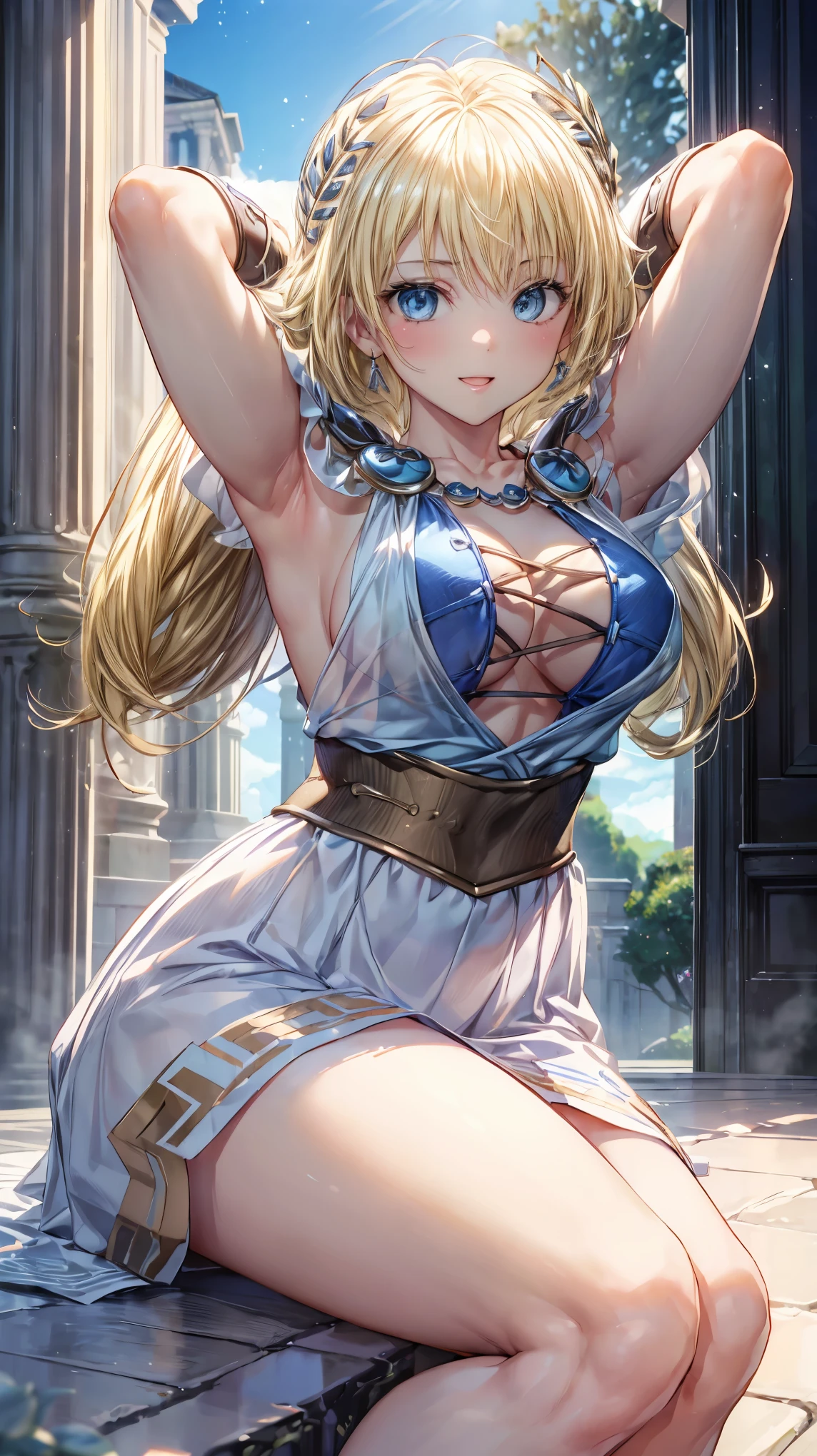 Very detailed、highest quality、Best image quality、masterpiece、8k、Anime Face、A kind smile、Open your mouth、Sparkling blue eyes、(Blonde:1.5)、(Fold your arms above your head:1.5)、Muscles of the whole body、Sophitia Alexandra