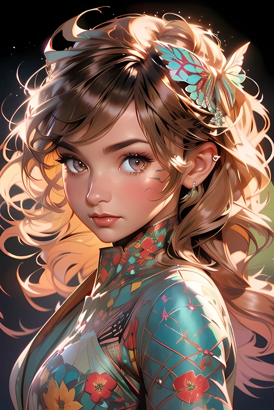 Charlie Bowater realistic Lithography sketch portrait of a woman, butterflies shaped like flowers and leaves, butterflies, flowers, warm colors, [gears], pipes, dieselpunk, multi-colored ribbons, old paper texture, highly detailed, peaceful and beautiful, final fantasy XV