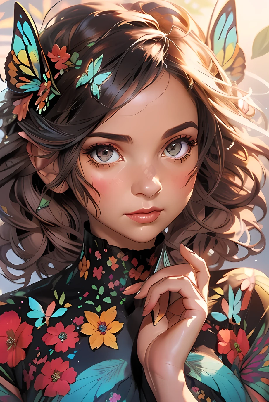 Charlie Bowater realistic Lithography sketch portrait of a woman, butterflies shaped like flowers and leaves, butterflies, flowers, warm colors, [gears], pipes, dieselpunk, multi-colored ribbons, old paper texture, highly detailed, peaceful and beautiful, final fantasy XV