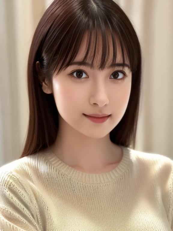 1 girl,(ivory sweater:1.4),, (RAW Photos, highest quality), (Realistic, Photorealistic:1.4), Tabletop, Very delicate and beautiful, Very detailed, 8k wallpaper, wonderful, finely, Very detailed CG Unity, High resolution, Soft Light, Beautiful and detailed 19 year old girl, Very detailed目と顔, Beautiful and detailed nose, finelyて美しい目,Cinema Lighting,City lights during the day,Perfect Anatomy,Slender body,smile  (Asymmetrical bangs, Light brown hair,)cherry blossoms