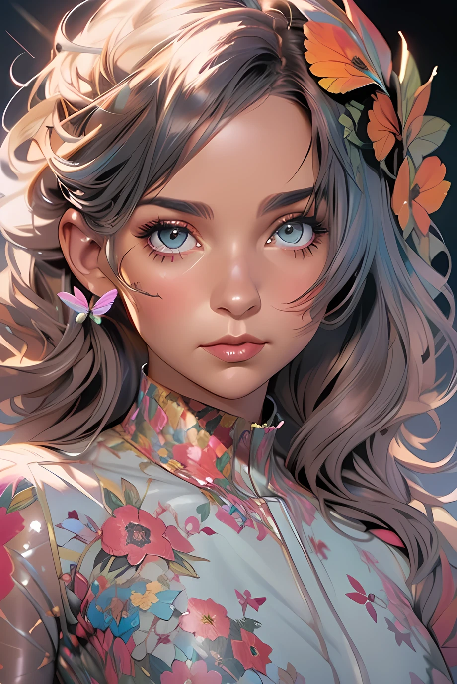 Charlie Bowater realistic Lithography sketch portrait of a woman, butterflies shaped like flowers and leaves, butterflies, flowers, warm colors, [gears], pipes, dieselpunk, multi-colored ribbons, old paper texture, highly detailed, peaceful and beautiful, final fantasy XV